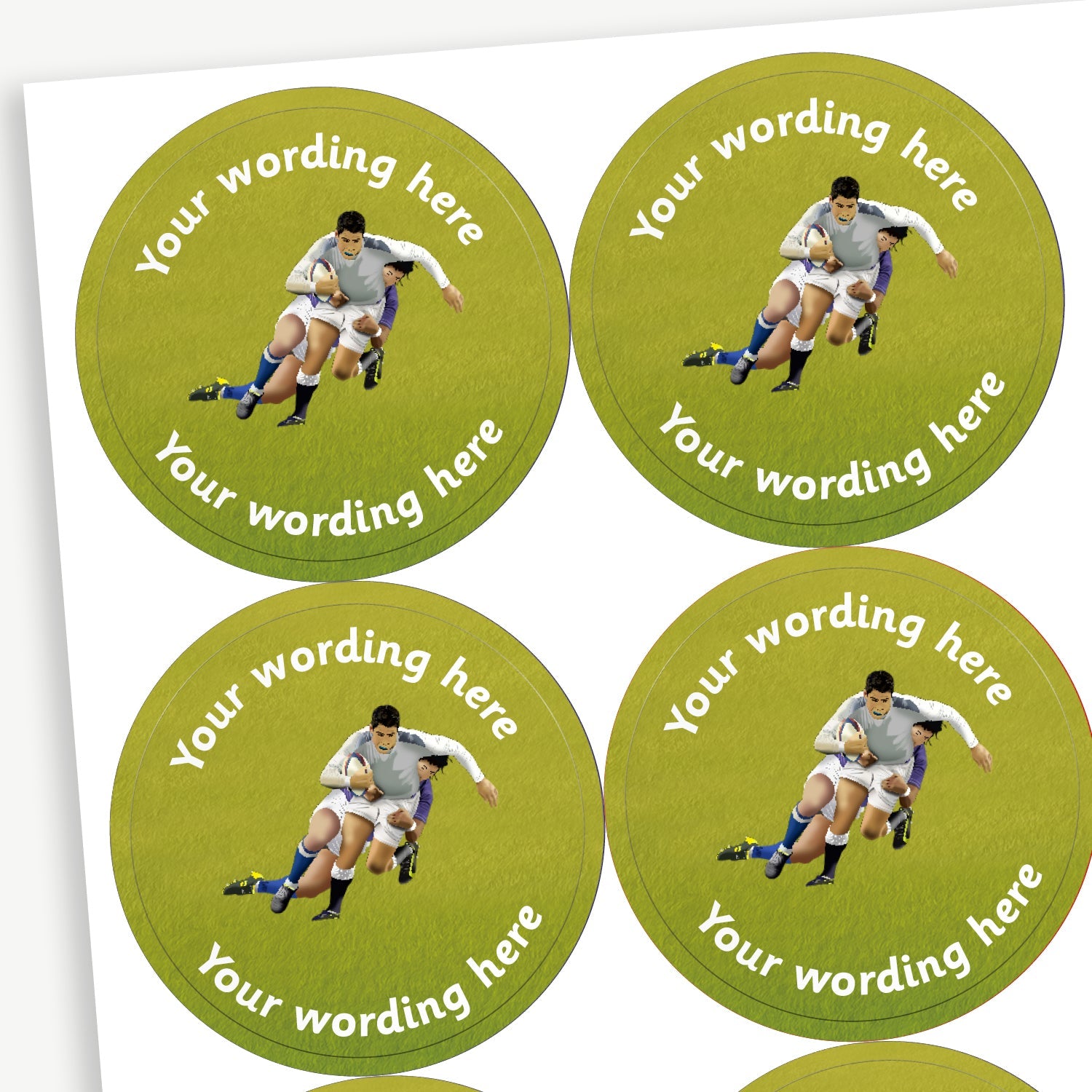 A sheet of green stickers featuring two people playing rugby in the centre.  Placeholder text 'Your wording here' is above and below the image for customisation.