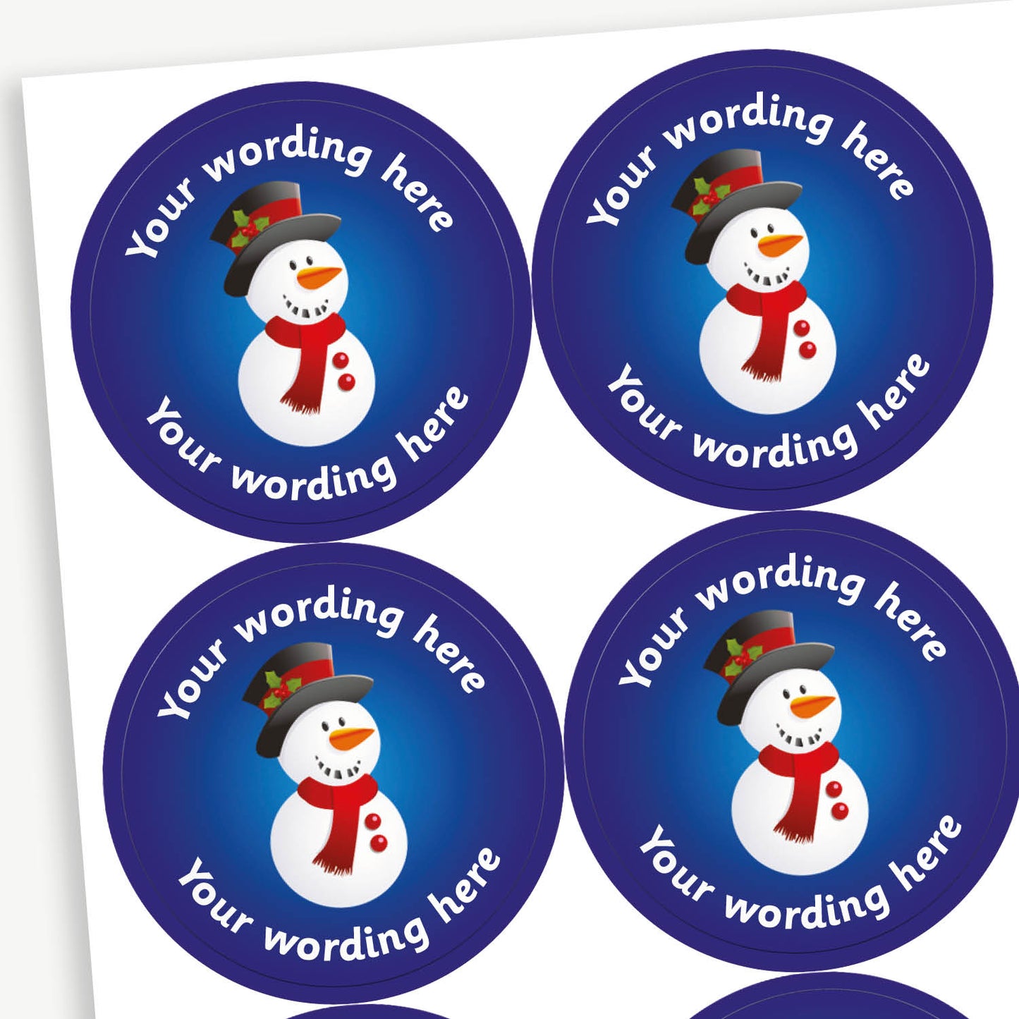 A sheet of blue stickers featuring a snowman with a top hat and scarf in the centre.  Placeholder text 'Your wording here' is above and below the image for customisation.