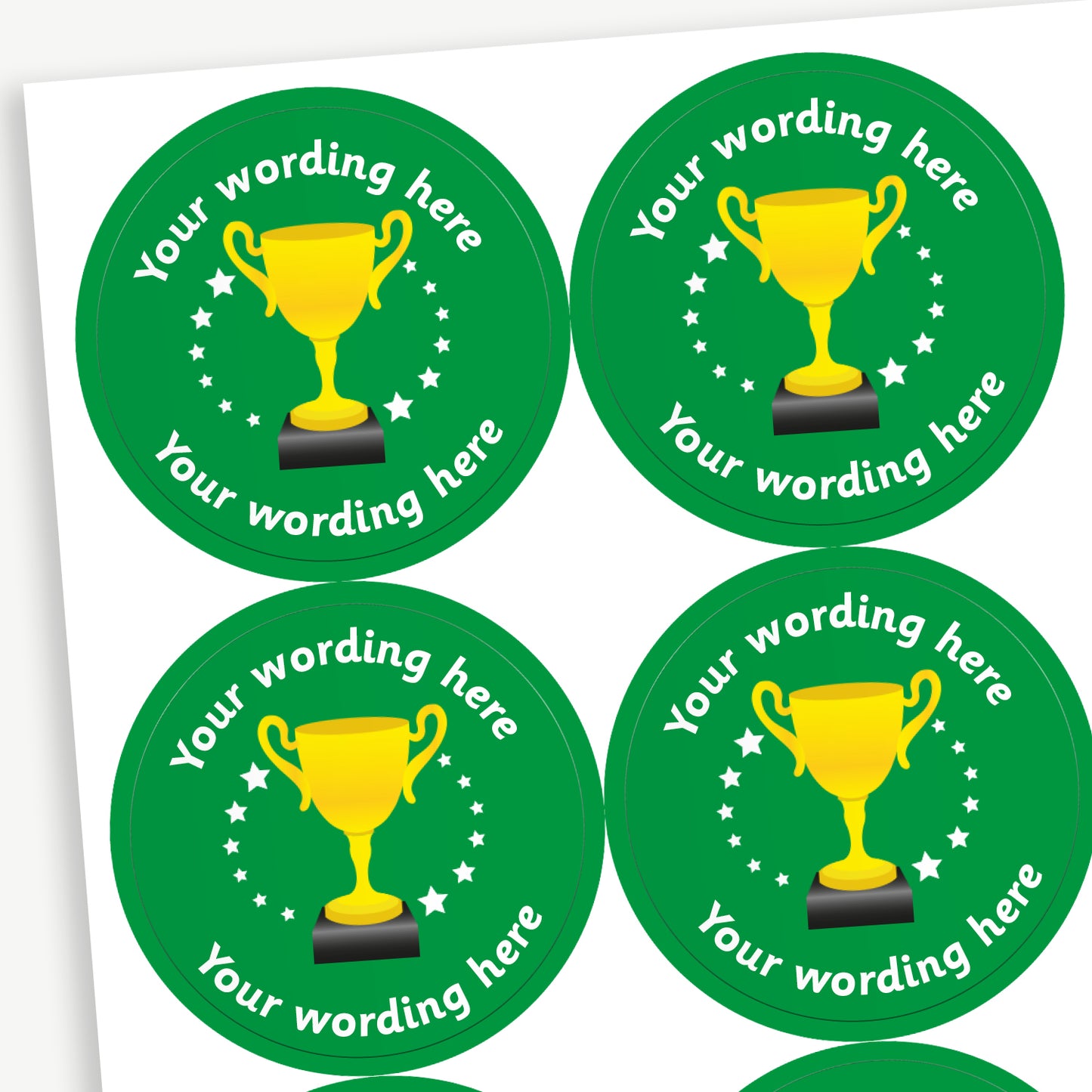 Circular 37mm stickers, vibrant green in colour and each featuring a golden trophy icon at the centre, surrounded by white stars, with customisable text above and below the trophy - choice of colours