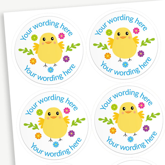 Sheet of round personalised stickers featuring a yellow chick and flowers on a white background; includes customisable blue text above and below the image for customisation.