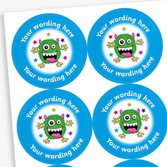 A sheet of cyan bordered stickers featuring an illustration of a green monster on a white background in the centre.  Placeholder text 'Your wording here' is above and below the image for customisation.