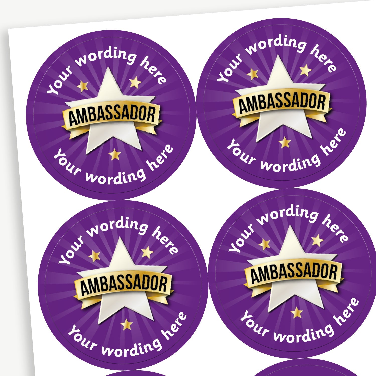 Sheet of round personalised stickers featuring a silver star design with a gold banner across is with the word 'AMBASSADOR' and stars on a purple, starburst effect, background; includes customisable white text above  and below the image.