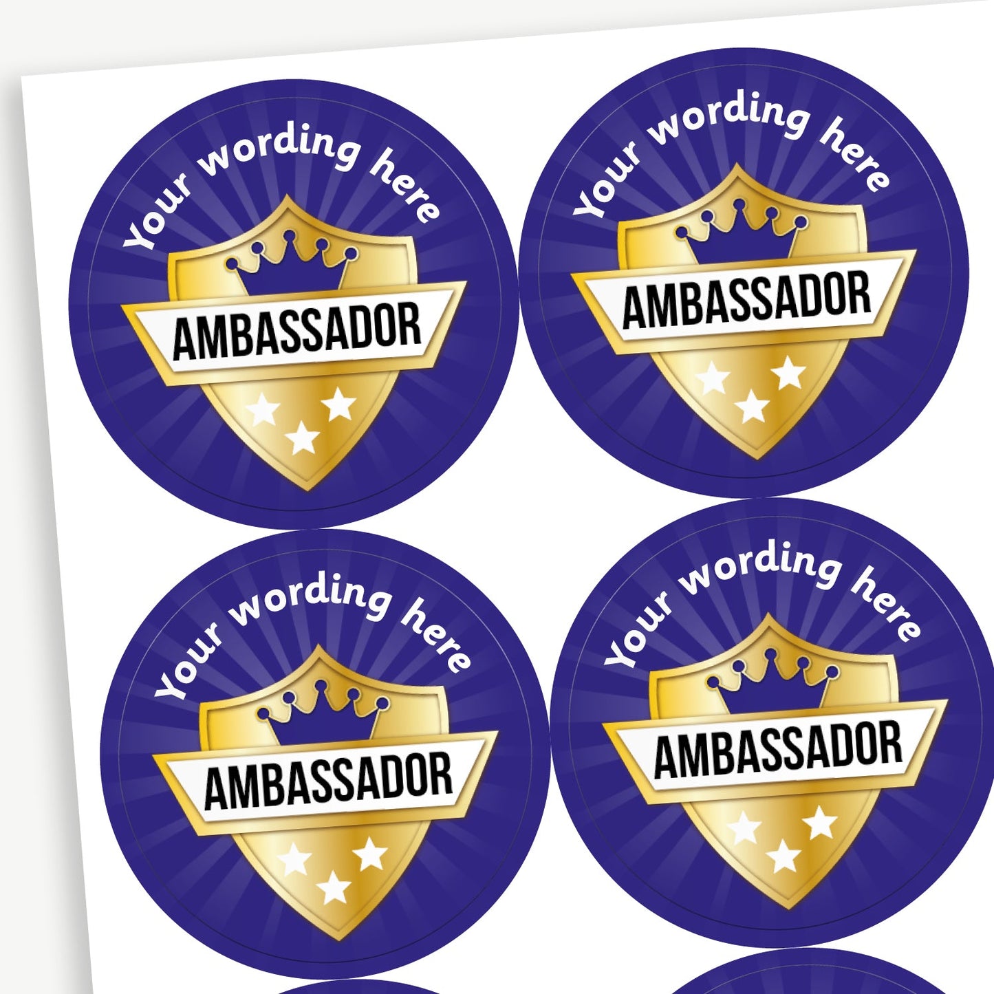 Sheet of round personalised stickers featuring a shield design with a gold crown and stars with a banner across with the word 'AMBASSADOR', this is against a deep blue, starburst effect, background; includes customisable white text above the shield.
