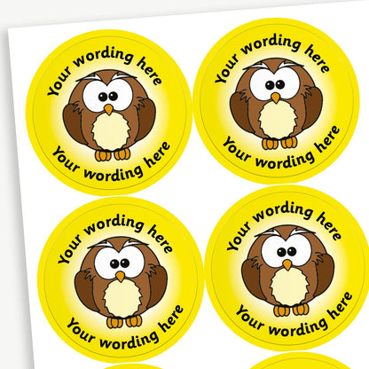 A sheet of yellow stickers featuring an illustration of a wise owl in the centre.  Placeholder text 'Your wording here' is above and below the image for customisation.