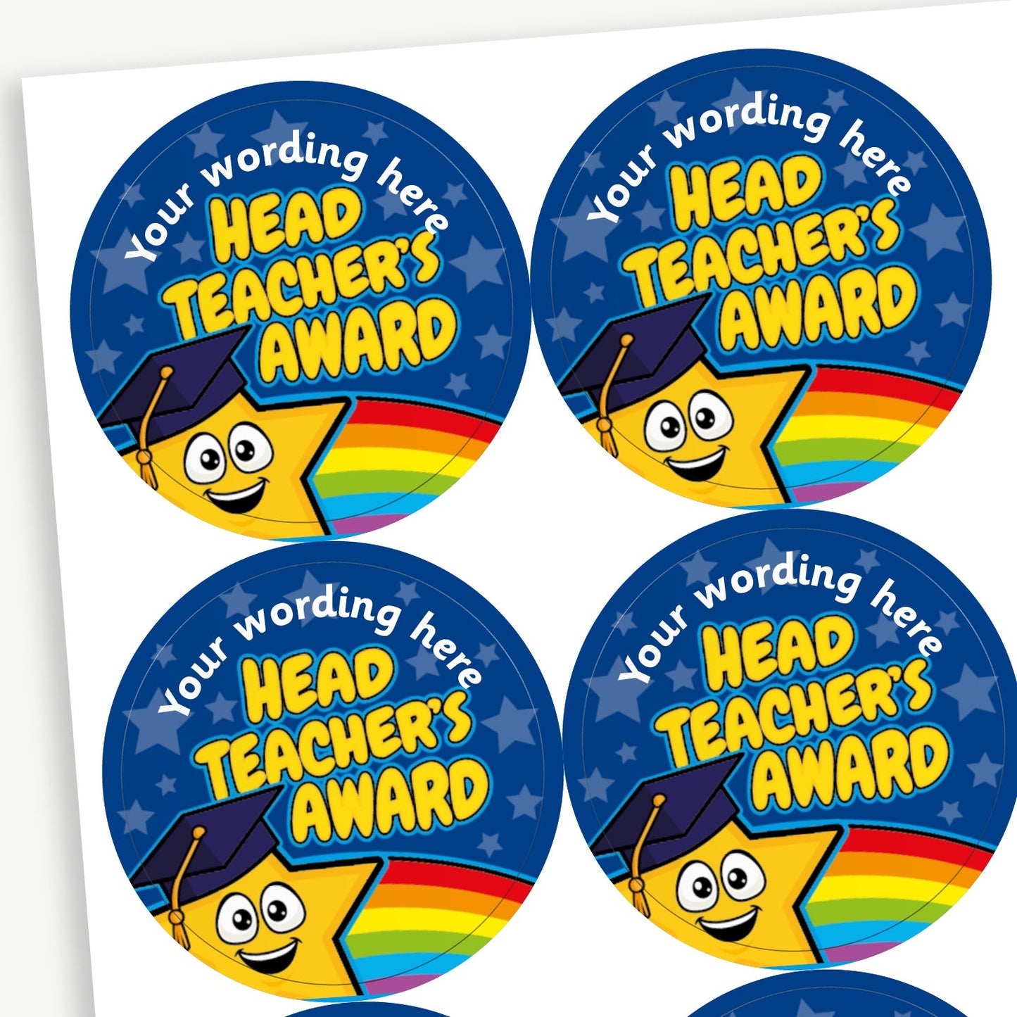 Head Teacher’s Award' stickers with a blue background, rainbow border, and customisable text at the top. Each sticker features a smiling yellow star wearing a graduation cap.