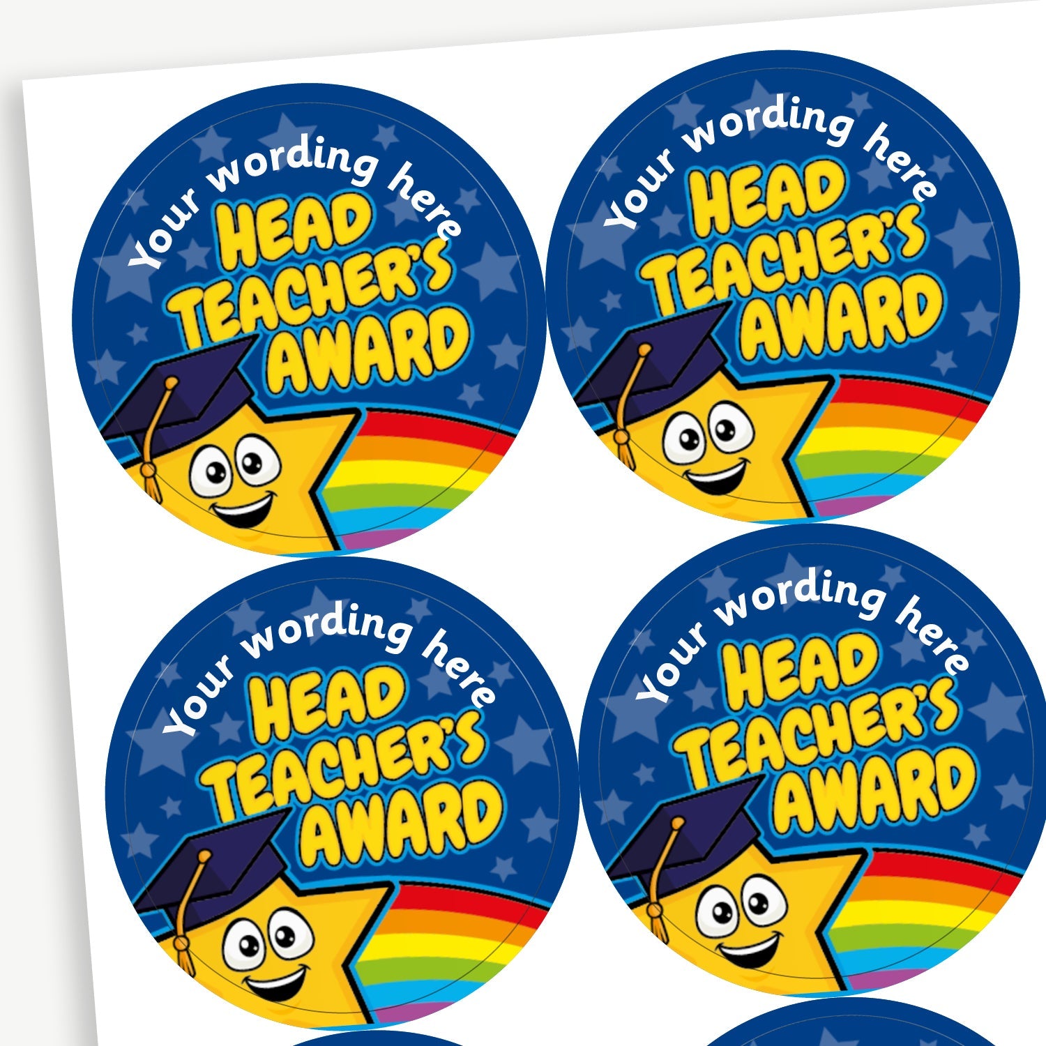 Head Teacher’s Award' stickers with a blue background, rainbow border, and customisable text at the top. Each sticker features a smiling yellow star wearing a graduation cap.