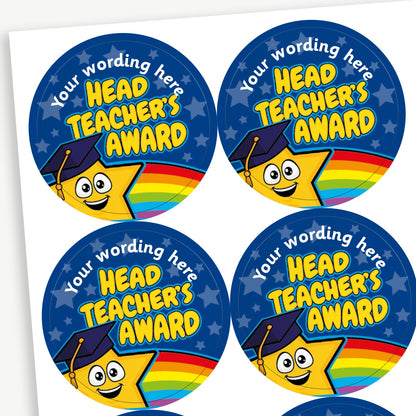 Head Teacher’s Award' stickers with a blue background, rainbow border, and customisable text at the top. Each sticker features a smiling yellow star wearing a graduation cap.