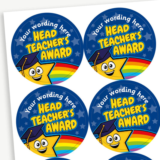 Head Teacher’s Award' stickers with a blue background, rainbow border, and customisable text at the top. Each sticker features a smiling yellow star wearing a graduation cap.