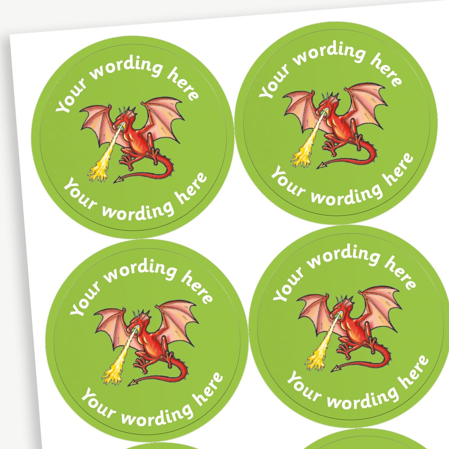 Sheet of round personalised stickers featuring a fire breathing red dragon on a green background; includes customisable white text above and below the image for customisation.