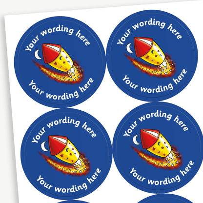 A sheet of blue stickers featuring a rocket shooting through the night sky in the centre.  Placeholder text 'Your wording here' is above and below the image for customisation.