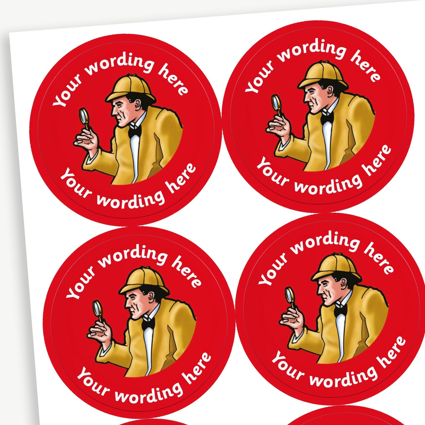 Sheet of round personalised stickers featuring a 'Sherlock Holmes' style detective on a red background; includes customisable white text above and below the image for customisation.