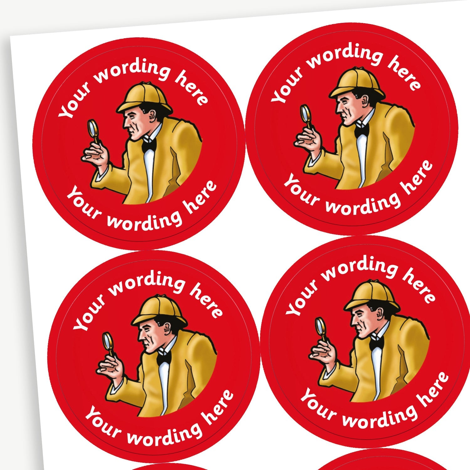 Sheet of round personalised stickers featuring a 'Sherlock Holmes' style detective on a red background; includes customisable white text above and below the image for customisation.