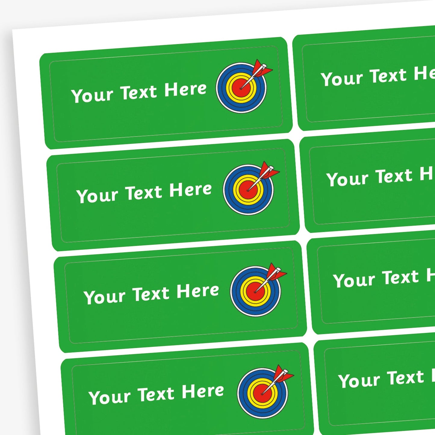 Sheet of rectangular green stickers with white placeholder text reading 'Your Text Here'. Each sticker features a small illustration of a taget with an arrow in the bullseye.