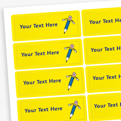 Sheet of yellow rectangular stickers.  There is a placeholder 'Your Text Here' on the left hand side and on the right hand side an illustration of a smiling blue pencil.