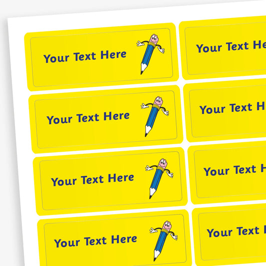 Sheet of yellow rectangular stickers.  There is a placeholder 'Your Text Here' on the left hand side and on the right hand side an illustration of a smiling blue pencil.