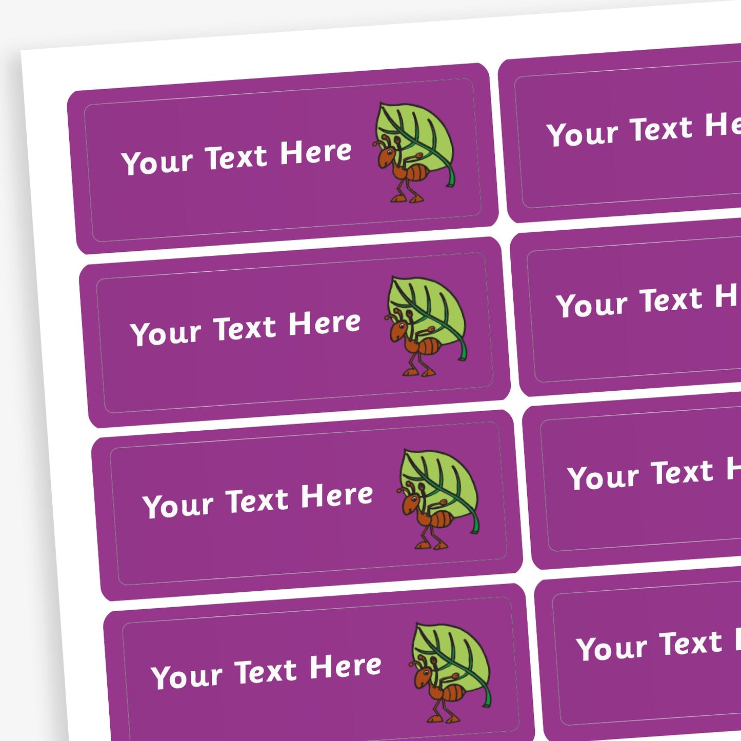 Sheet of rectangular purple stickers with white placeholder text reading 'Your Text Here'. Each sticker features a small illustration of an ant carrying a leaf on it's back.