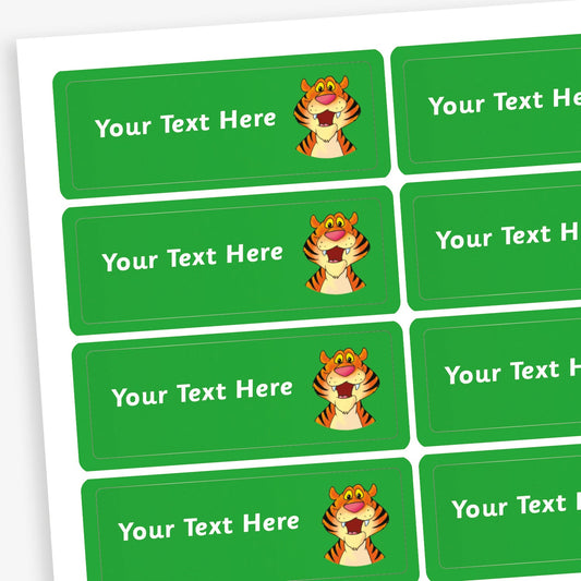 Sheet of rectangular green stickers with white placeholder text reading 'Your Text Here'. Each sticker features a small illustration of a smiling tiger.