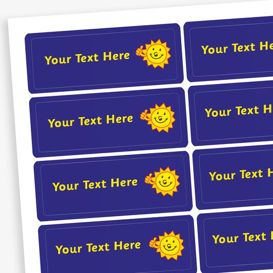 Sheet of rectangular dark blue stickers with yellow placeholder text reading 'Your Text Here'. Each sticker features a small illustration yellow smiling sun with a thumb up.