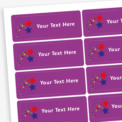 Sheet of rectangular purple stickers with white placeholder text reading 'Your Text Here'. Each sticker features a small illustration of a a red and blue shooting star leaving a trail of mini stars behind..