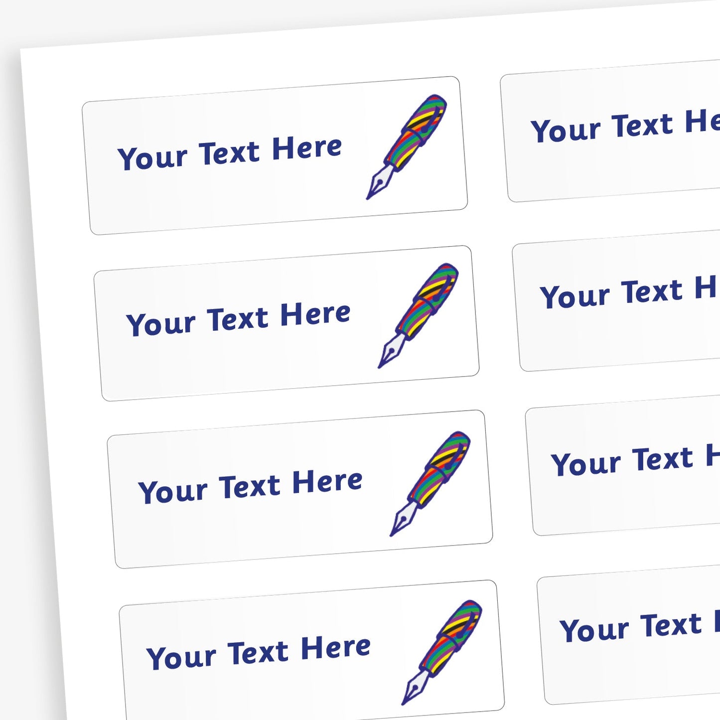 Sheet of rectangular white stickers with blue placeholder text reading 'Your Text Here'. Each sticker features a small illustration of rainbow coloured fountain pen.
