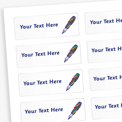 Sheet of rectangular white stickers with blue placeholder text reading 'Your Text Here'. Each sticker features a small illustration of rainbow coloured fountain pen.