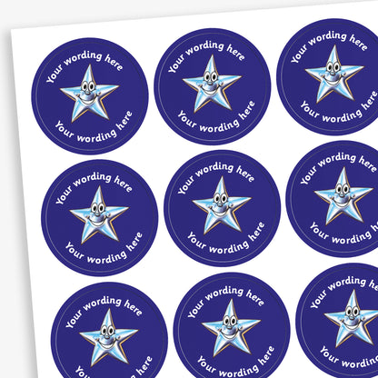 A sheet of circular, dark blue reward stickers featuring a cartoon silver, smiling star as a central image. Placeholder text above and below 'Your wording here' indicate customisation options.