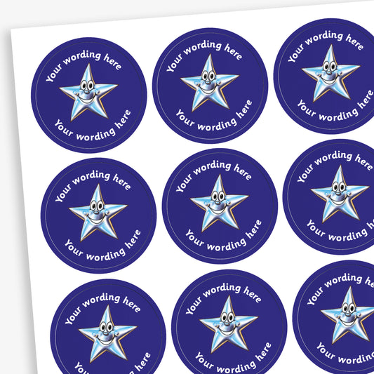 A sheet of circular, dark blue reward stickers featuring a cartoon silver, smiling star as a central image. Placeholder text above and below 'Your wording here' indicate customisation options.