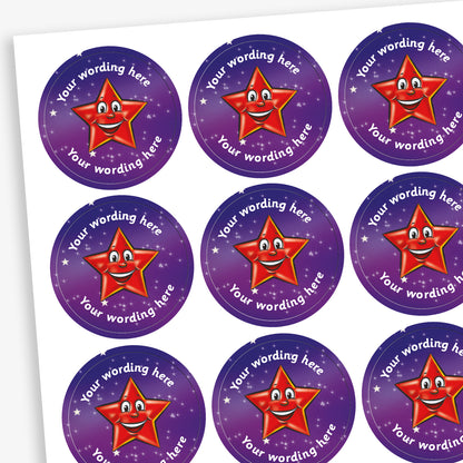 A sheet of circular reward stickers featuring a cartoon red, smiling star as a central image on a purple starry background. Placeholder text above and below 'Your wording here' indicate customisation options.