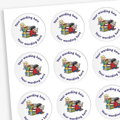 A sheet of circular reward stickers featuring a white background with two children reading against a pile of books in the centre. Each sticker includes the placeholder text 'Your wording here' curved along the top and bottom edges, indicating customisable space for personalised messages