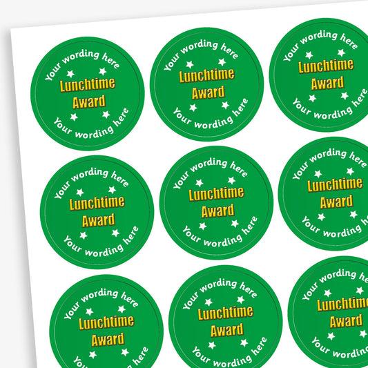 A sheet of green circlular stickers with central wording in yellow 'Lunchtime Award' with a whie star at the corner of each word.    Placeholder text above and below this states 'Your wording here' indicating customisation to wording along with a colour choice of background.