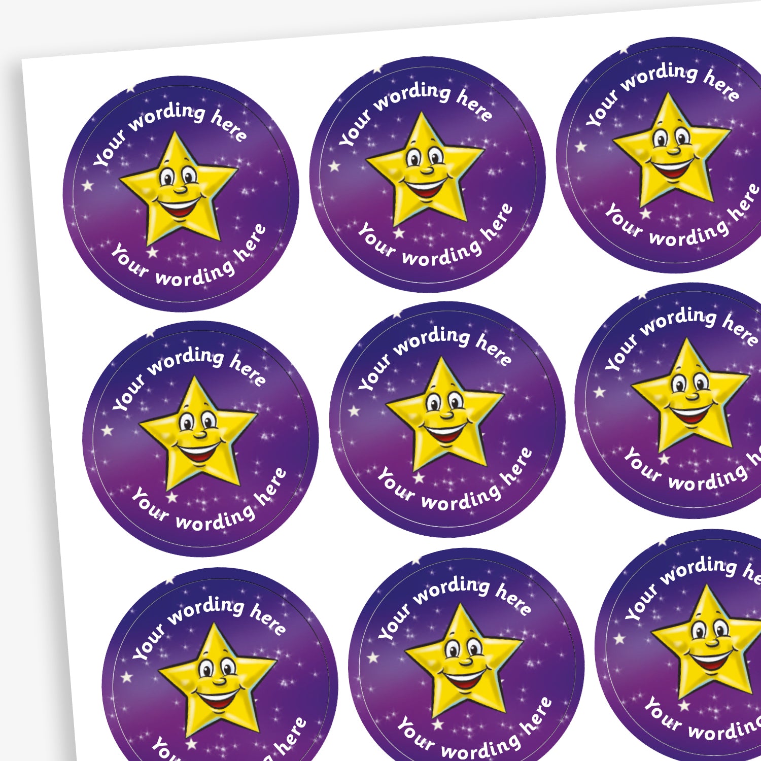 A sheet of circular, purple reward stickers featuring a smiling cartoon yellow star amongst a background of tiny stars. Placeholder text above and below 'Your wording here' indicate customisation options.