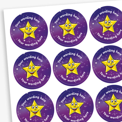 A sheet of circular, purple reward stickers featuring a smiling cartoon yellow star amongst a background of tiny stars. Placeholder text above and below 'Your wording here' indicate customisation options.