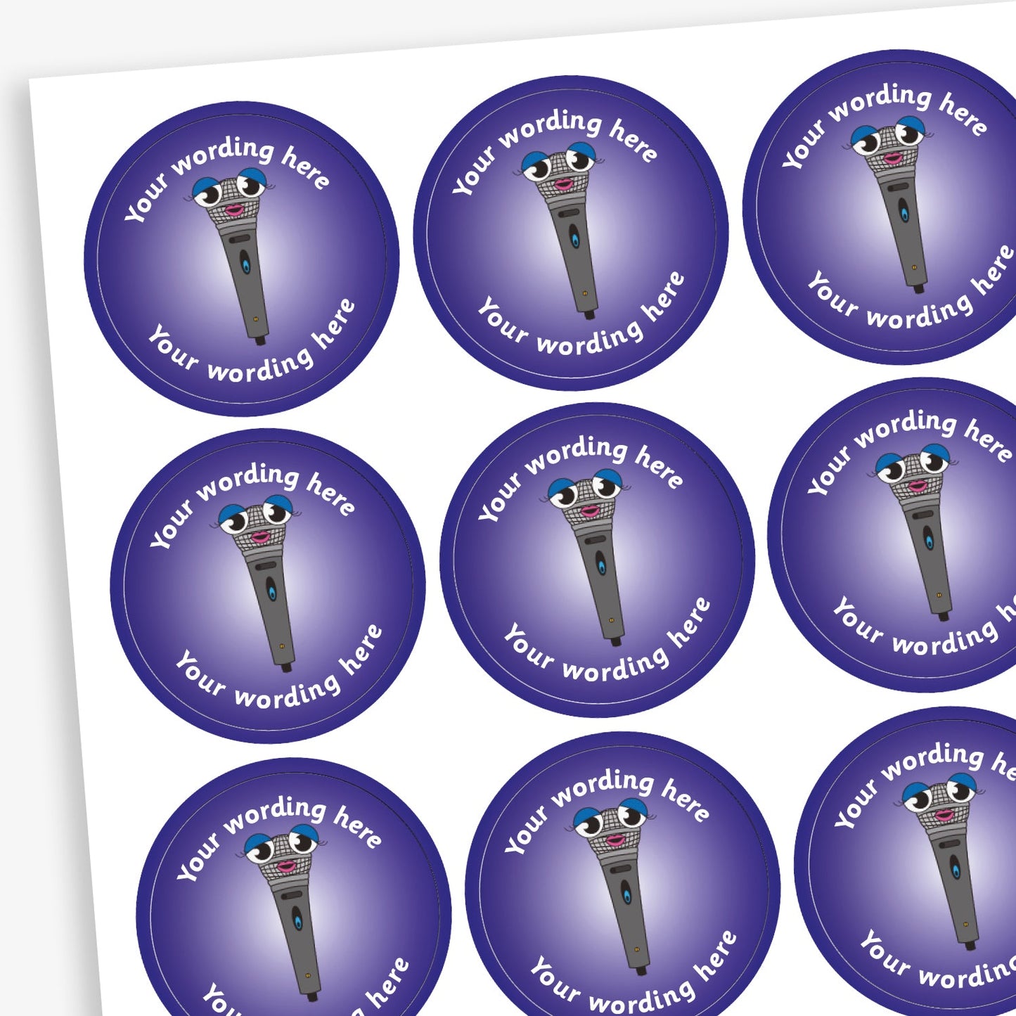 A sheet of circular reward stickers featuring a purple gradient background with a smiling microphone in the centre. Each sticker includes the placeholder text 'Your wording here' curved along the top and bottom edges, indicating customisable space for personalised messages