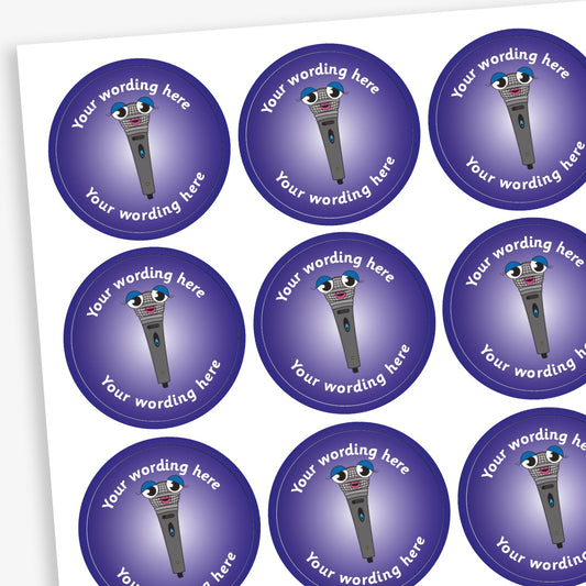 A sheet of circular reward stickers featuring a purple gradient background with a smiling microphone in the centre. Each sticker includes the placeholder text 'Your wording here' curved along the top and bottom edges, indicating customisable space for personalised messages