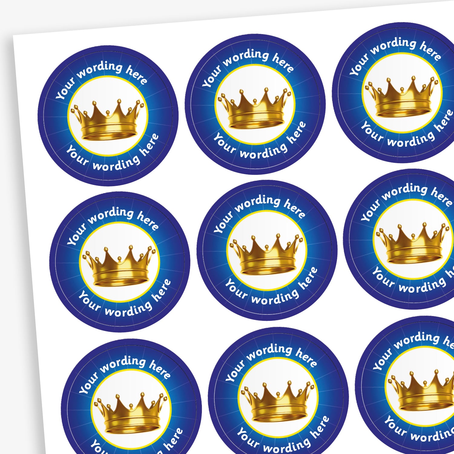 70 Dark Blue Personalised Crown Stickers – Each 25mm sticker features a bold crown graphic and can be customised with personalised text. Available in six bright colours.