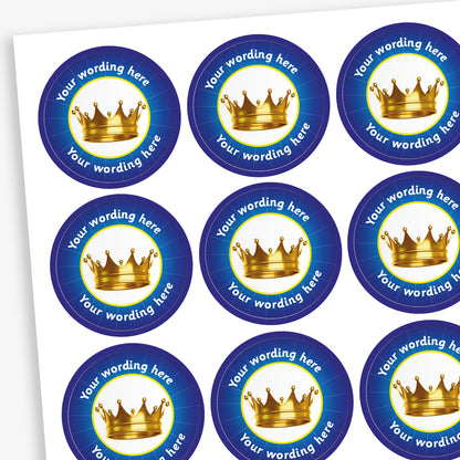 70 Dark Blue Personalised Crown Stickers – Each 25mm sticker features a bold crown graphic and can be customised with personalised text. Available in six bright colours.