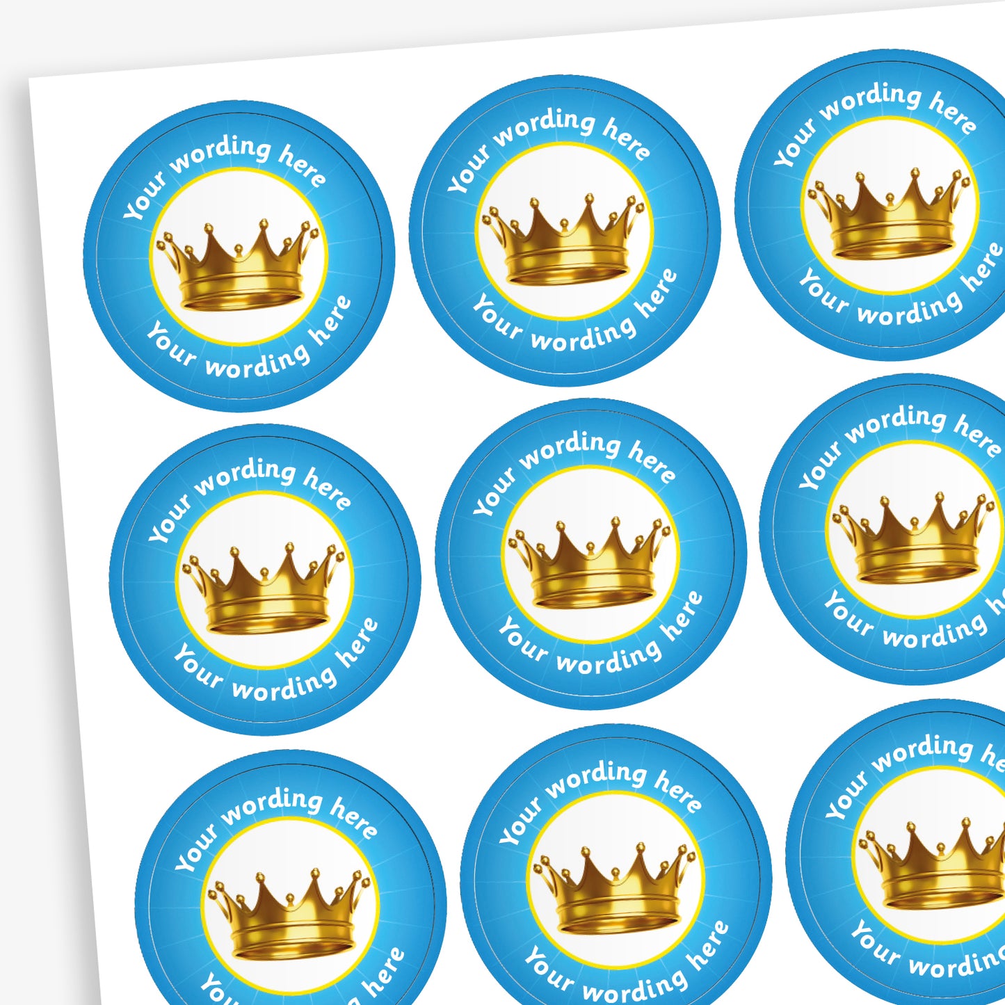 70 Cyan Personalised Crown Stickers – Each 25mm sticker features a bold crown graphic and can be customised with personalised text. Available in six bright colours.