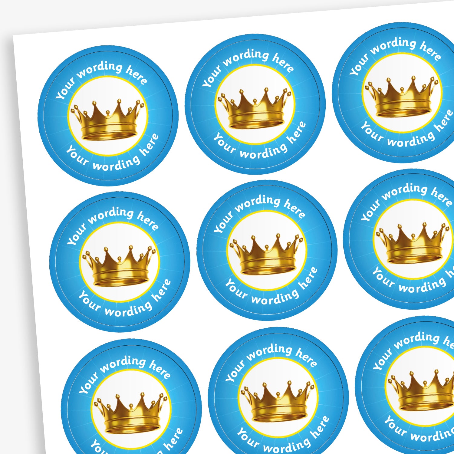 70 Cyan Personalised Crown Stickers – Each 25mm sticker features a bold crown graphic and can be customised with personalised text. Available in six bright colours.
