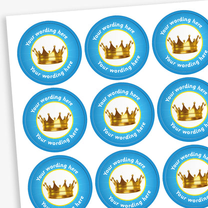 70 Cyan Personalised Crown Stickers – Each 25mm sticker features a bold crown graphic and can be customised with personalised text. Available in six bright colours.