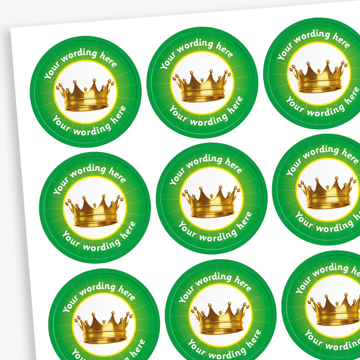 70 Green Personalised Crown Stickers – Each 25mm sticker features a bold crown graphic and can be customised with personalised text. Available in six bright colours.