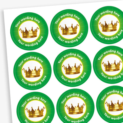 70 Green Personalised Crown Stickers – Each 25mm sticker features a bold crown graphic and can be customised with personalised text. Available in six bright colours.