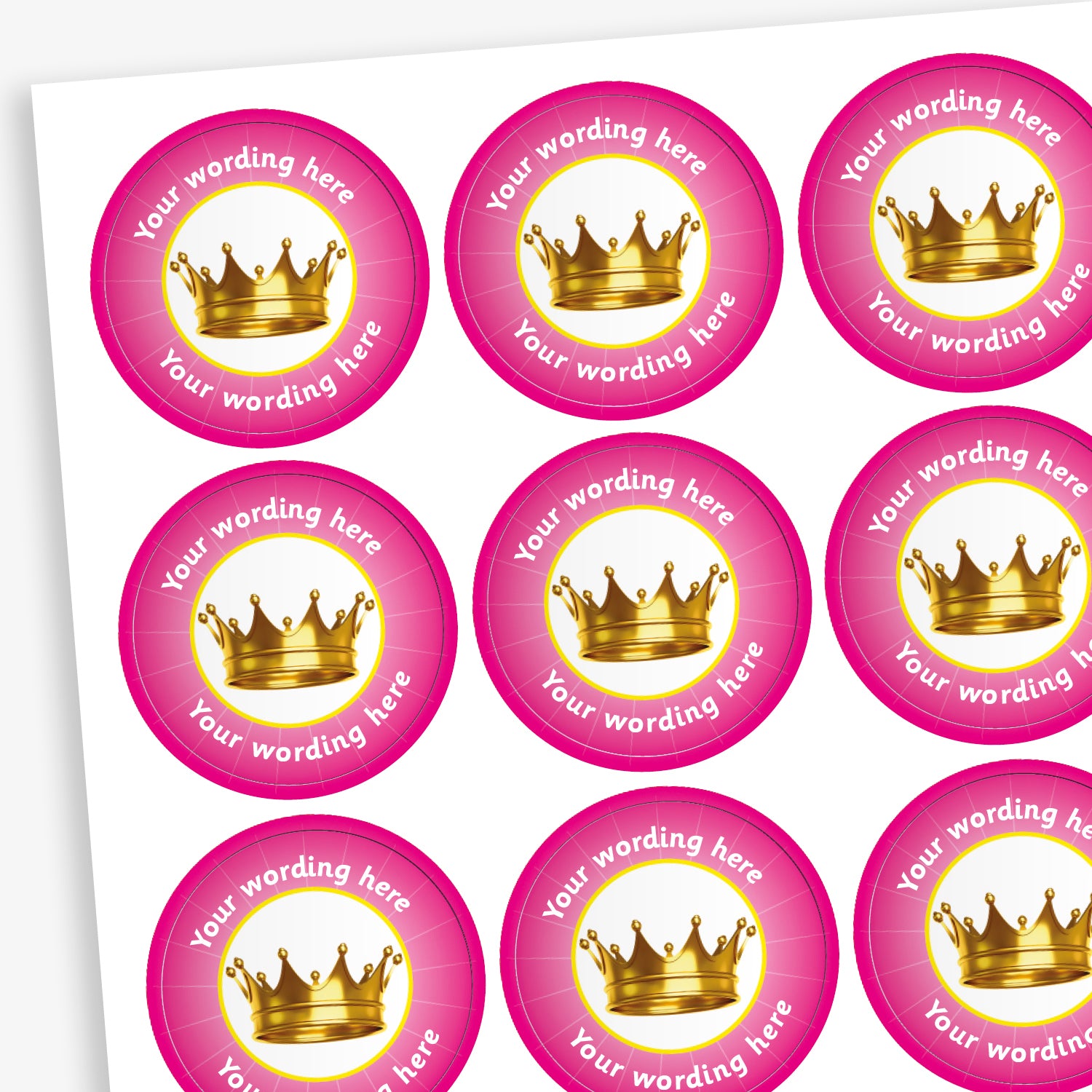 70 Magenta Personalised Crown Stickers – Each 25mm sticker features a bold crown graphic and can be customised with personalised text. Available in six bright colours.