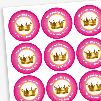 70 Magenta Personalised Crown Stickers – Each 25mm sticker features a bold crown graphic and can be customised with personalised text. Available in six bright colours.