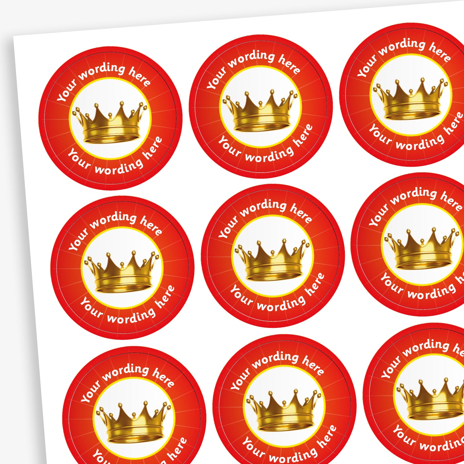 70 Red Personalised Crown Stickers – Each 25mm sticker features a bold crown graphic and can be customised with personalised text. Available in six bright colours—red, green, yellow, cyan, magenta, and blue.
