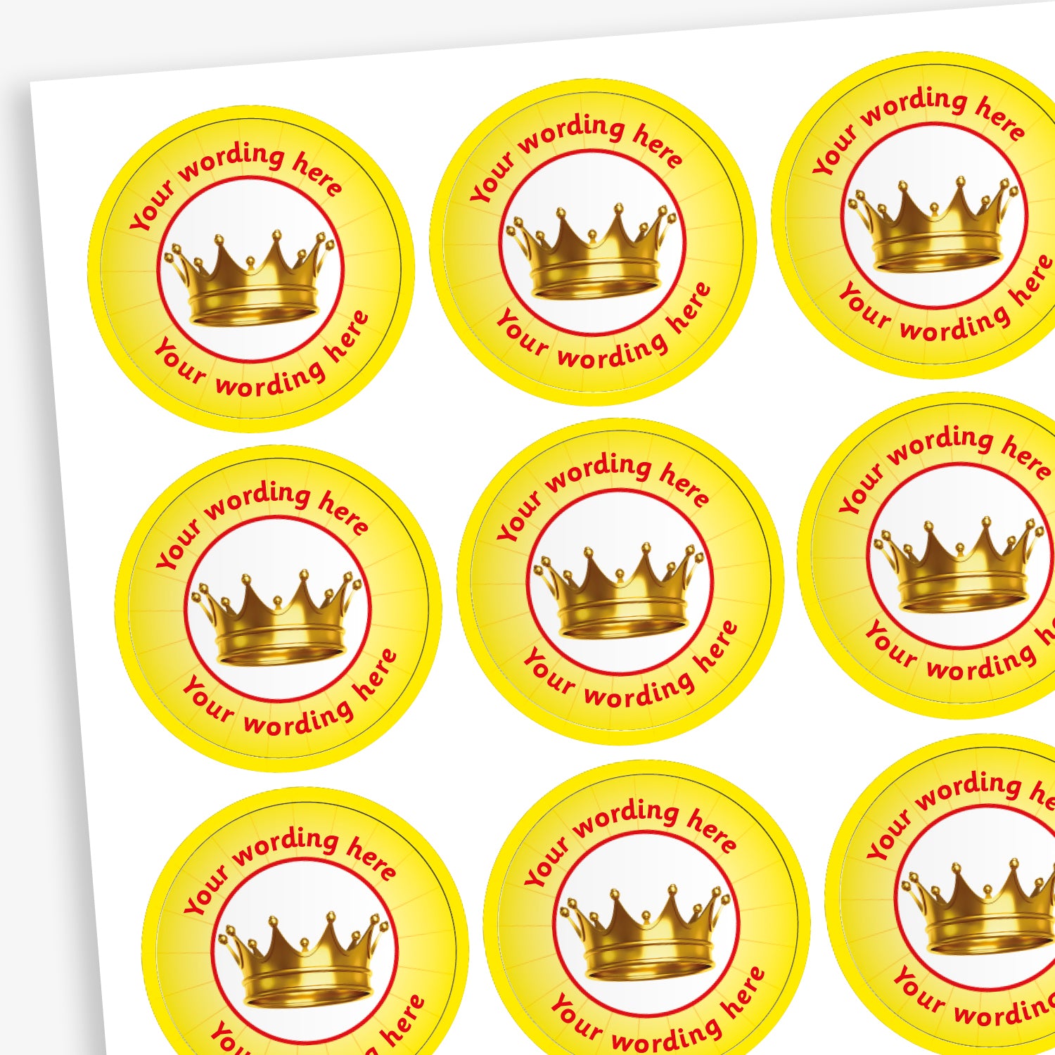 70 Yellow Personalised Crown Stickers – Each 25mm sticker features a bold crown graphic and can be customised with personalised text. Available in six bright colours.