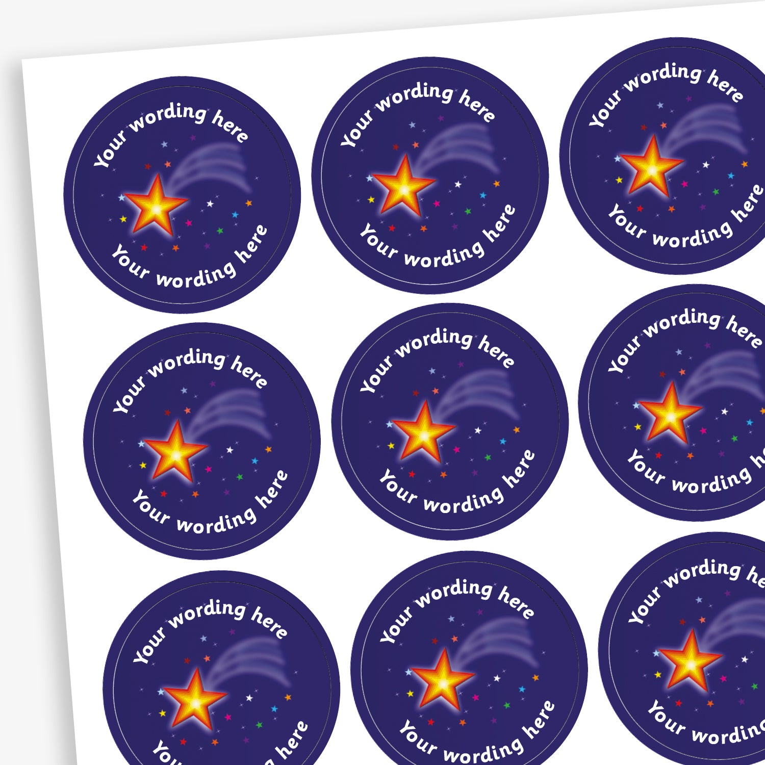 A sheet of circular reward stickers featuring a shooting star as a central image on a purple starry background. Placeholder text above and below 'Your wording here' indicate customisation options.