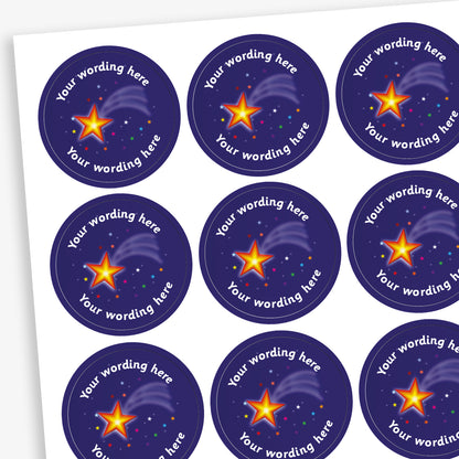 A sheet of circular reward stickers featuring a shooting star as a central image on a purple starry background. Placeholder text above and below 'Your wording here' indicate customisation options.