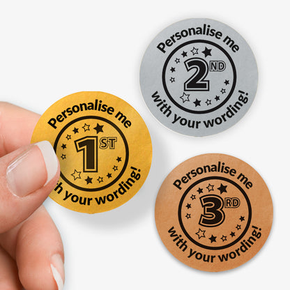 Three round stickers in gold, silver, and bronze with text 'Personalise me' and positions 1st, 2md or 3rd.