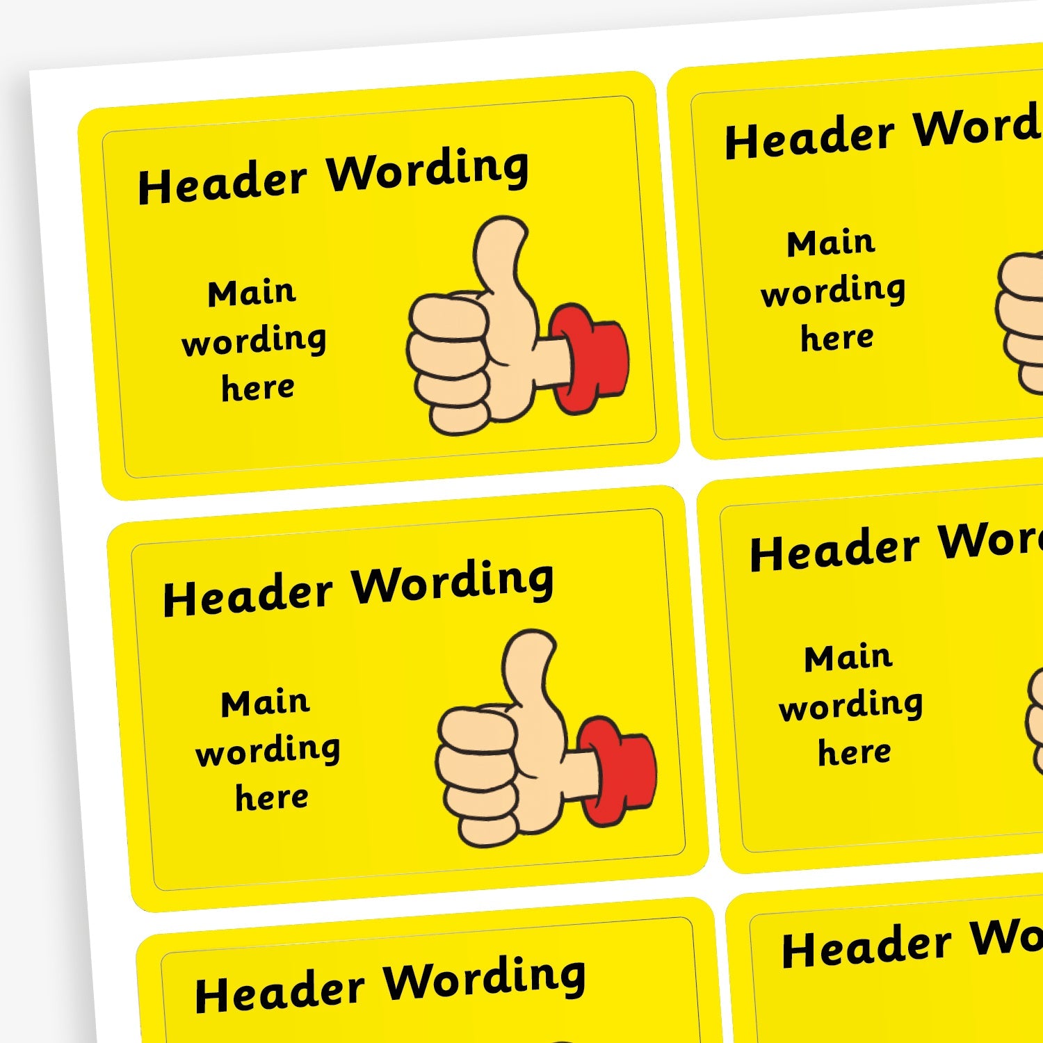 A sheet of rectangular yellow stickers featuring a thumbs up sign. Each sticker has placeholder text reading 'Header Wording' at the top and 'Main wording here' in the centre. The stickers are designed for custom use, allowing personalised messages to be added.