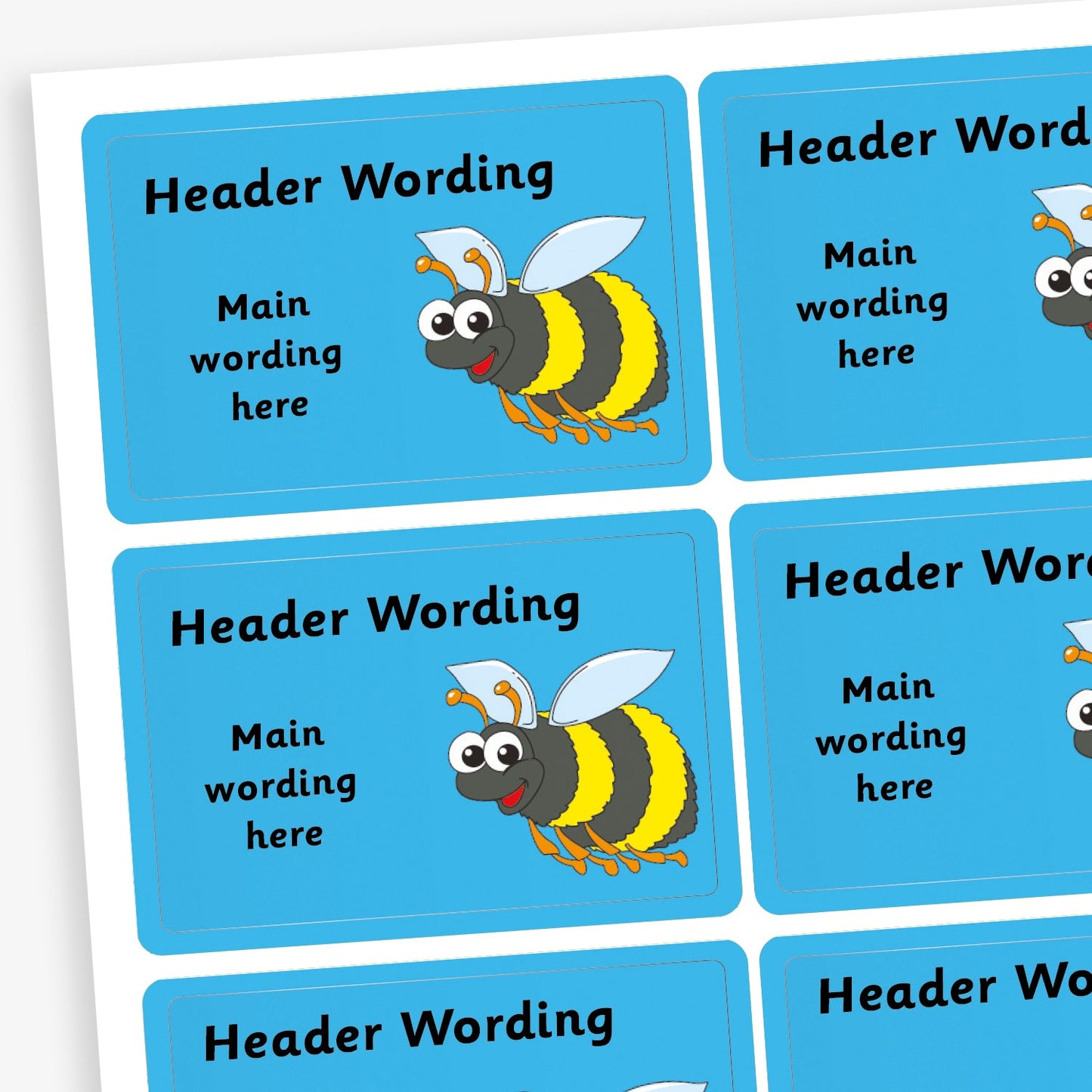 A sheet of rectangular blue stickers featuring a cartoon bumblebee with a cheerful expression. Each sticker has placeholder text reading 'Header Wording' at the top and 'Main wording here' in the centre. The stickers are designed for custom use, allowing personalised messages to be added.